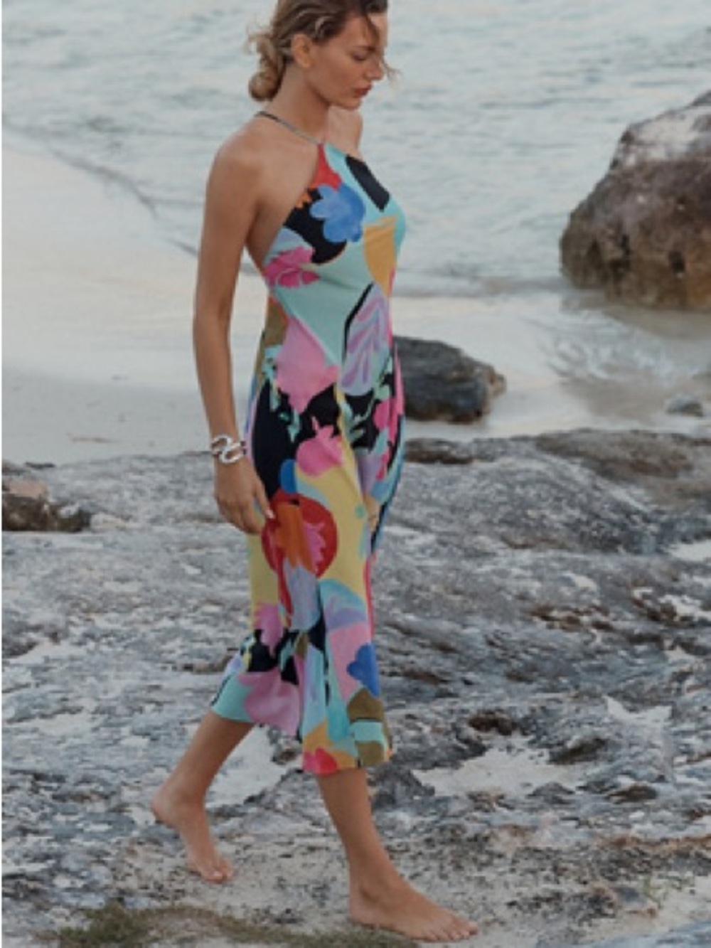 RIXO Halter Midi Dress in Pink, Blue, Yellow and Black